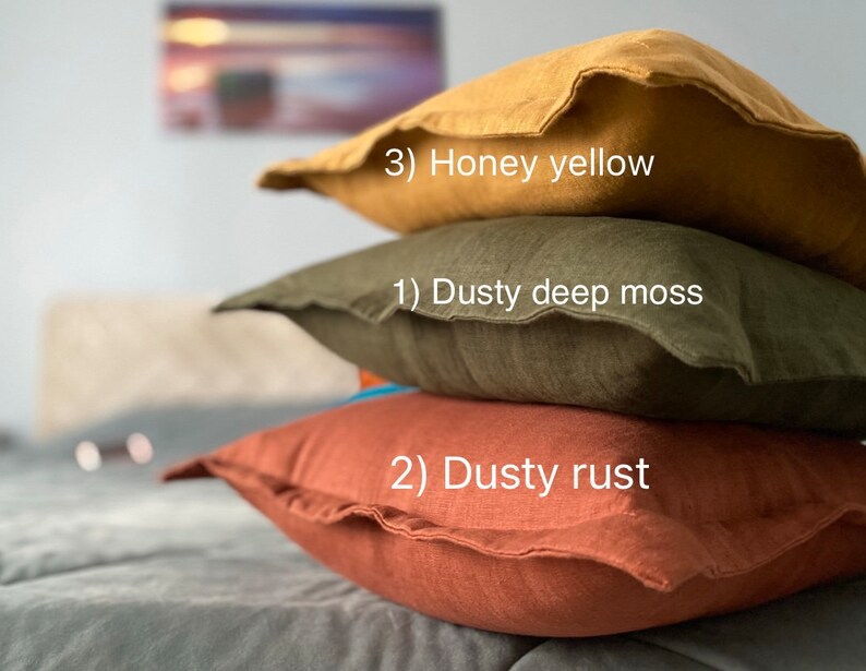 Stonewashed linen pillowcases , Dusty deep moss pillowcases, Dusty rust linen pillow, Yellow mustard case, 26x26, 24x24, 22x22, 28x28 image 9