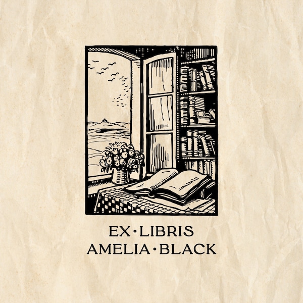 Open Book By The Window Ex Libris Stamp, Custom Book Stamp, Personalized Library Rubber Stamp, Bookplate Wooden Stamp, Gift for Book Lovers