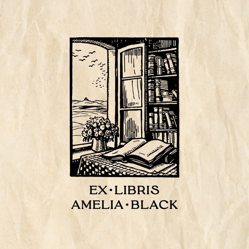 Libro aperto alla finestra Timbro Ex Libris, Timbro libro personalizzato, Timbro di gomma della biblioteca personalizzato, Timbro in legno ex libris, Regalo per gli amanti dei libri immagine 1