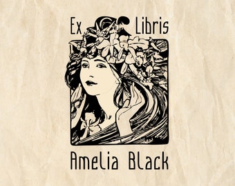 A. Mucha Cocorico Ex Libris Timbre, Timbre de livre personnalisé, Timbre en caoutchouc de bibliothèque personnalisé, Timbre en bois ex-libris, Cadeau pour les amateurs de livres