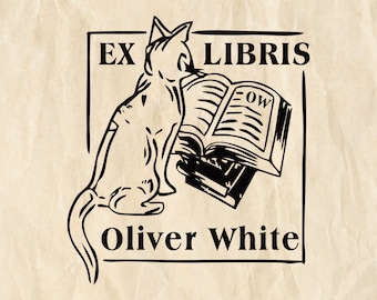 Bibliophile Cat Ex Libris Stamp, Custom Book Stamp, Personalized Library Rubber Stamp, Bookplate Wooden Stamp, Gift for Book Lovers