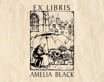 Timbre Old Flower Lady Ex Libris, timbre de livre personnalisé, timbre en caoutchouc de bibliothèque personnalisé, timbre en bois ex-libris, cadeau pour les amateurs de livres