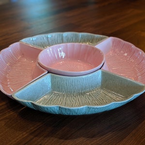 Vintage Classica Original Ceramic Chip, Dip Tray, Bowl Set/5 Piece/Antique/Retro/Pink/Gray/USA/Veggie/Serving Dish/Pastel/Crescent/Gift