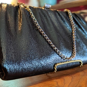 Vintage Small Black & Gold Clutch/Purse/Handbag/NC/Retro/Vinyl/Chain/Metal/Evening Bag/Party Clutch/Gift For Wife/Girlfriend/Daughter/Women