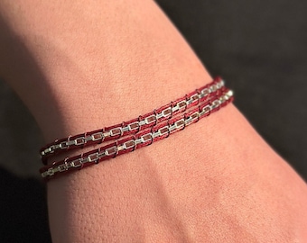 Sterling Silver Link Chain Macrame Bracelets,Handmade Knitted Stackable Silver Bracelet,Red & Black Rope Bracelet Men,Handmade Gift