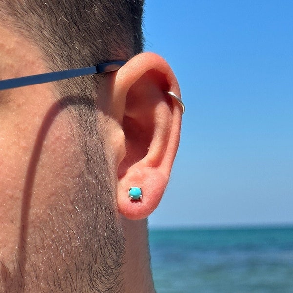 Sterling Silver Gemstone Stud Earrings,Silver Stud Earrings with Turquoise Stone,Mens Earrings,Stud Earrings for Man,Boyfriend Gift for Him