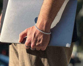 Sterling Silver Solid Rope Chain Bracelet,Twisted Rope Silver Chain for Men,Polished Silver Rope Chain Bracelet 4.5mm,Christmas Gift for Him