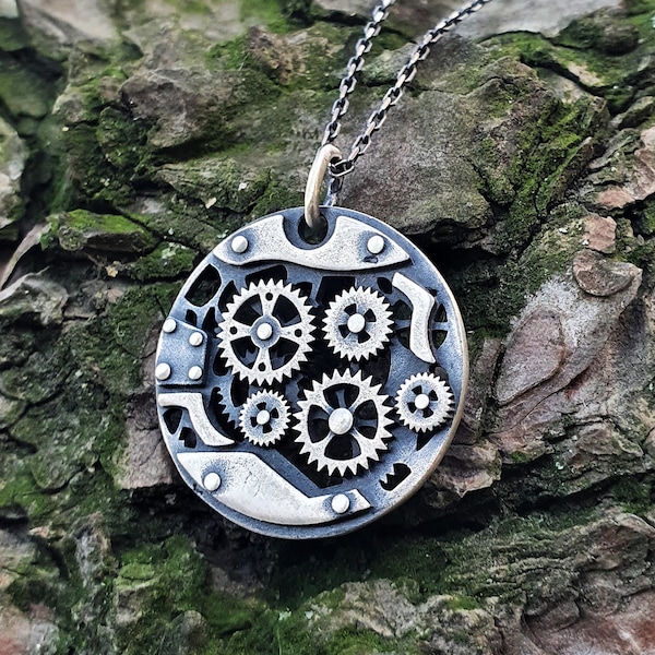 Pendentif Chram pour homme en argent sterling, mécanisme d’horloge ronde collier en argent pour hommes, bijoux mécaniques, cadeau de petit ami pour lui, cadeau de la Saint-Valentin