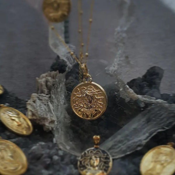 Medusa 22K Gold Plated Necklace , Greek Mythology Jewelry, Medusa Coin Necklace, Ancient Greek Symbol, Valentine's Day Gift, Gift For Her