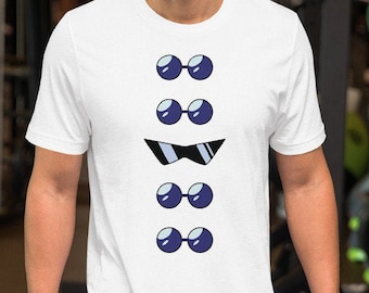 May include: White t-shirt with a graphic of a cartoon face wearing sunglasses. The sunglasses are stacked vertically with a pair of sunglasses at the top, then a pair of sunglasses below that, then a pair of sunglasses below that, then a pair of sunglasses below that, and then a pair of sunglasses at the bottom.