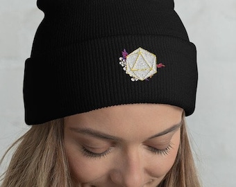 Floral D20 Cuffed Beanie | Embroidered Beanie | Dungeons and Dragons Beanie
