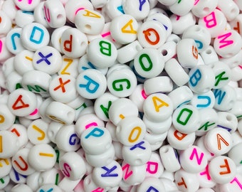 Mixed Colour A-Z Alphabet Letter Beads - Assorted Mixture - Round, Acrylic, Opaque White Beads With Coloured Lettering For Jewellery Making