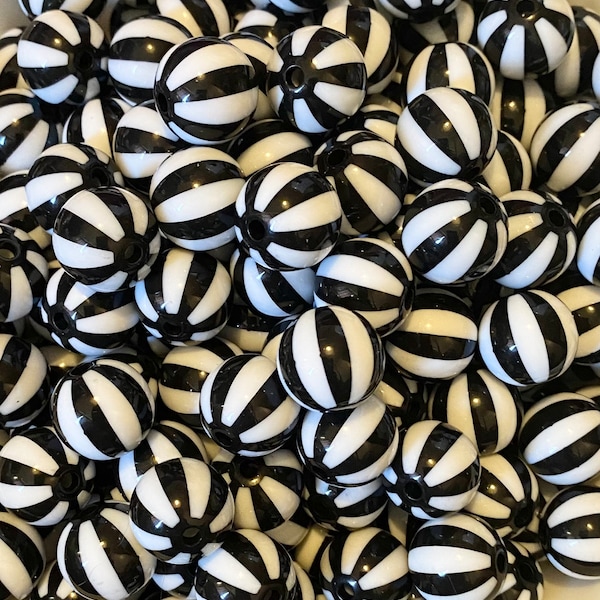 Large Black and White Striped Beads for Jewellery Making - Pack of 20 - 16 x 15mm Round Opaque Acrylic Jewellery Beads