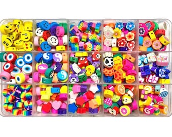 300 x Clay Patterned Beads for Jewellery Making Gift - 15 Different Patterns - Includes Smileys, Fruits, Hearts and More!