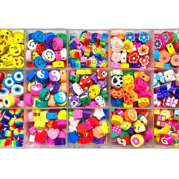 300 x Clay Patterned Beads for Jewellery Making Gift - 15 Different Patterns - Includes Smileys, Fruits, Hearts and More!