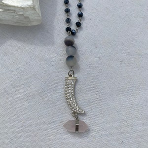 Rose Quartz, Chalcedony, Crystal Horn & Black Rosary Chain Necklace
