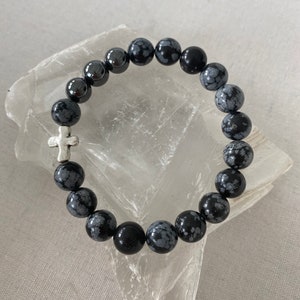 Men’s Snowflake obsidian & hematite bracelet with silver tone cross