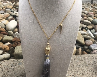 Gray tassel buddha necklace, yoga jewelry, boho jewelry