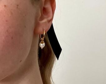 Pearl Dangle Earrings, Hoop Earrings with Charm, Pearl Hoops, Gold Charm Earrings, Dangle Drop Earrings, Bridesmaids Gifts, Gold Drop Hoops