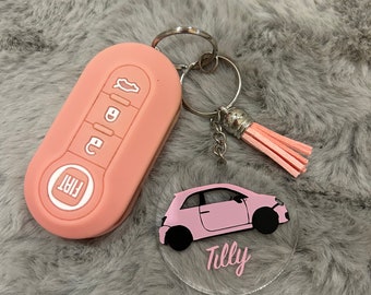 Fiat 500 personalised acrylic car key ring with name with tassel custom keychain