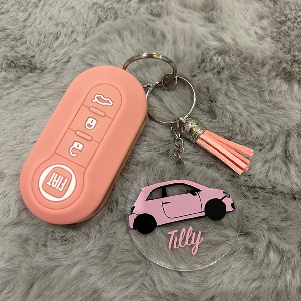 Fiat 500 personalised acrylic car key ring with name with tassel custom keychain accessories