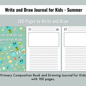 May include: A blue and green journal cover with a summer theme. The cover features a variety of summer icons, including a beach umbrella, sunglasses, flip flops, and a beach ball. The text on the cover reads "Write and Draw Journal for Kids - Summer".
