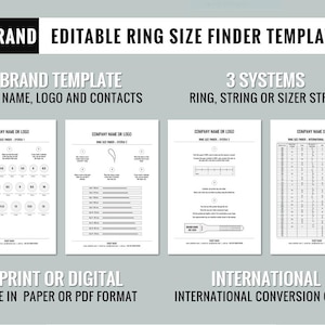 Puede incluir: Una plantilla editable para medir anillos que consta de cuatro páginas con texto negro sobre fondo blanco. Incluye tres sistemas de medición para anillos, cuerdas o tiras de medición, además de una tabla de conversión internacional.