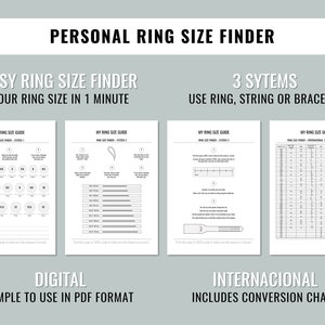 May include: A printable ring size guide with three different methods for measuring ring size: using a ring, string, or bracelet. The guide includes a chart for converting ring sizes between different systems. The guide is labeled "Digital" and "Simple to use in PDF format".