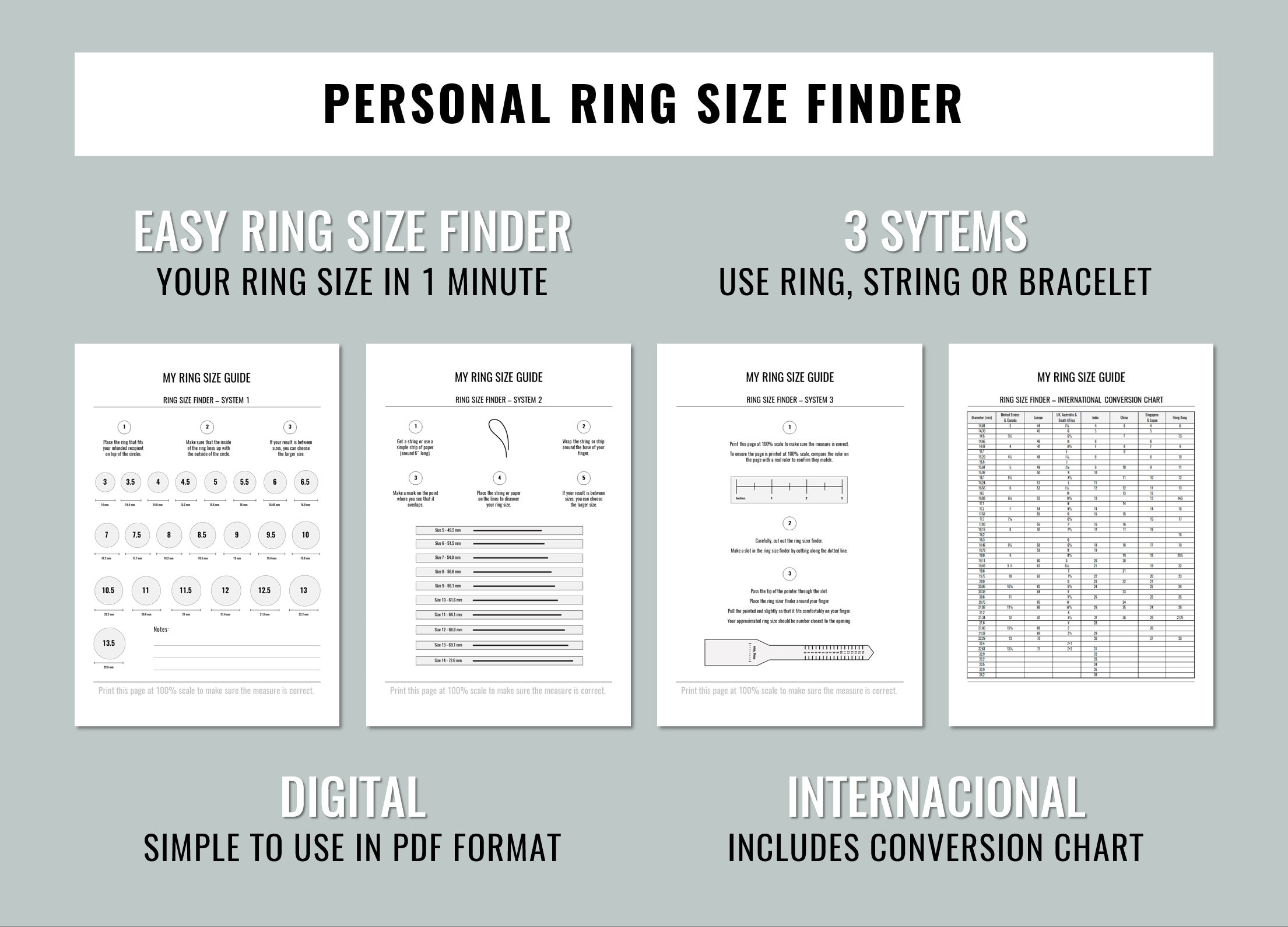 Ring Size Chart Ring Sizer Printable Ring Size Finder Printable Ring Size  Measuring Tool 3 COLORS BONUS International Size Chart 