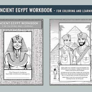 May include: Two-page spread from an Ancient Egypt Workbook for colouring and learning. The left page features a pharaoh, and the right page depicts two soldiers in front of pyramids. The workbook includes text and illustrations.