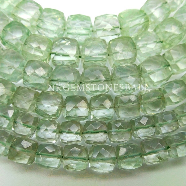 1 Strand Natural Green Amethyst Faceted Box Beads 7 & 8 mm | Green Amethyst Faceted Cube Beads  | Green Amethyst Faceted Cube Briolette