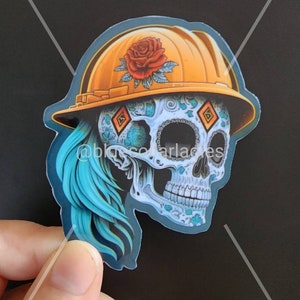 Sugar Skull Construction Hat Laborer Female Woman In Trades Sticker