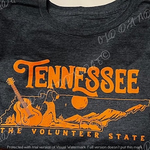 May include: A dark grey t-shirt with an orange graphic design featuring the state of Tennessee, a guitar, a dog, and the text "Tennessee The Volunteer State".