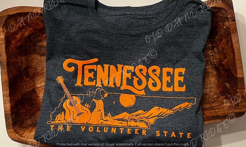 May include: A dark grey t-shirt with an orange graphic design featuring the state of Tennessee, a guitar, a dog, and the text "Tennessee The Volunteer State".