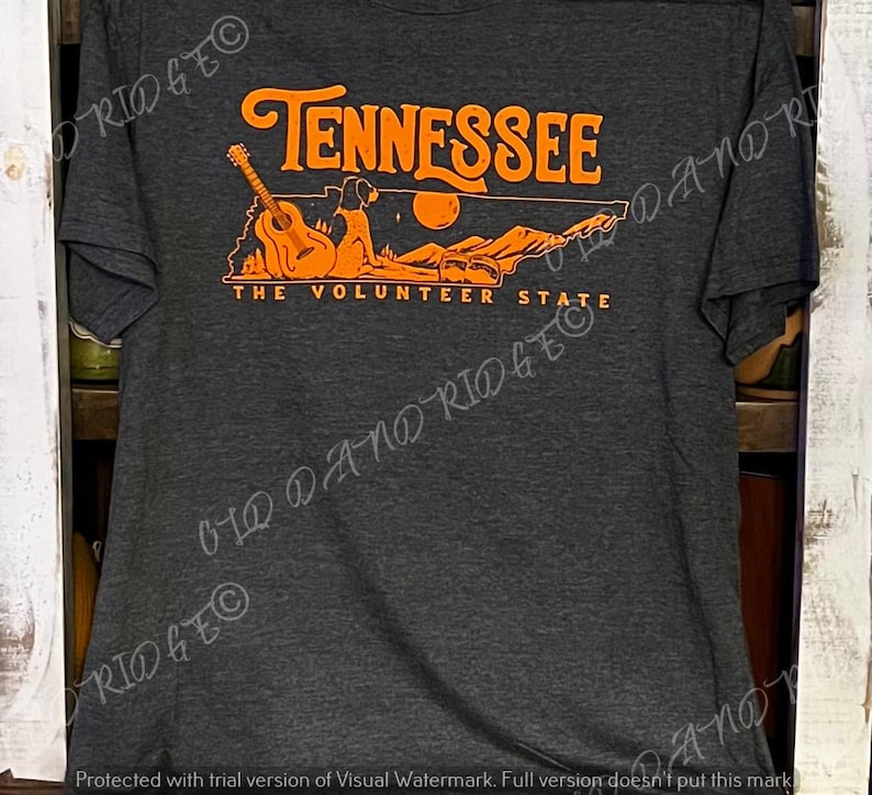 May include: A dark grey t-shirt featuring an orange graphic design of the state of Tennessee. The graphic includes a guitar, a dog, and the text "Tennessee, The Volunteer State".
