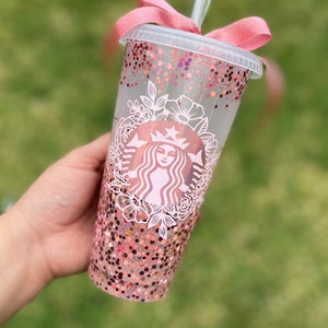 STARBUCKS Rose Gold Pink Glitter Stainless Steel Tumbler Cold Cup Green  Straw
