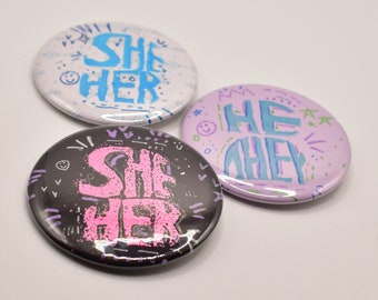 2.25" Custom Doodle Stamped Pronoun Pins