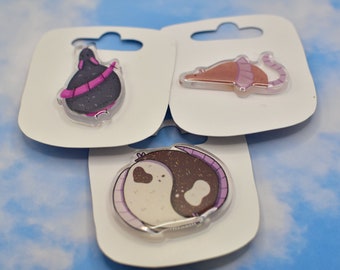 2" Rat Acrylic Pins with Glitter Epoxy - Sitting Rat, Yinyang Rats, Tutu Rat