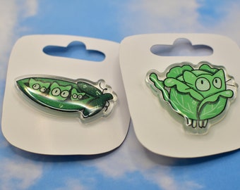 2" Veggie Cat Acrylic Pins with Glitter Epoxy - Peas & Cabbage