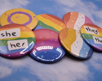 Customizable LGBT+ Pride Flag/Pronoun Pins - 1" or 2.25"