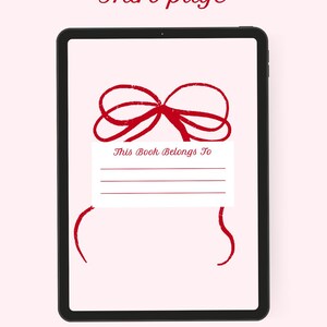 May include: A digital tablet displays a notebook intro page design. The design features a red bow illustration above a white rectangular label with the text "This Book Belongs To" and lines for writing. The background is light pink with a heart border.
