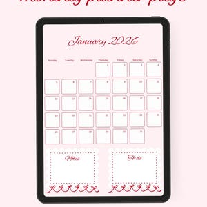 May include: A digital monthly planner page for January 2026, displayed on a tablet. The page features a calendar grid, with spaces for notes and to-do lists. The design includes a red heart border and text that reads "Monthly planner page".