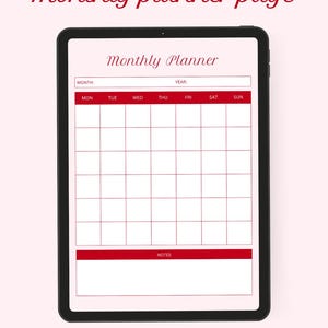 May include: A digital monthly planner page displayed on a black tablet. The planner features a red and white grid for scheduling, with the words "Monthly Planner" at the top. The text "Monthly planner page" is written in a cursive font at the top of the image.