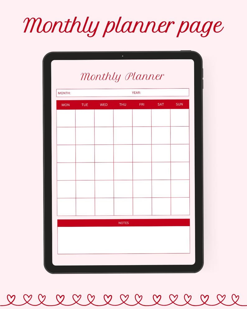 May include: A digital monthly planner page displayed on a black tablet. The planner features a red and white grid for scheduling, with the words "Monthly Planner" at the top. The text "Monthly planner page" is written in a cursive font at the top of the image.