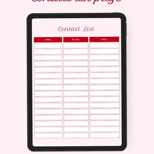 May include: A digital tablet displays a contact list template with red accents. The screen shows fields for name, phone, and email. The words "Contact list page" are written in a cursive font at the top. A row of red hearts decorates the bottom.