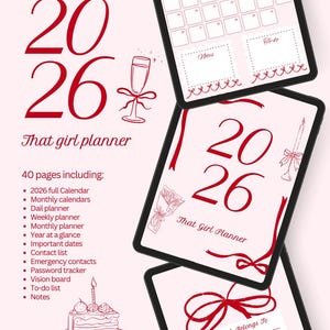 May include: A digital planner with a pink background and red accents. The planner features the year 2026, illustrations, and the text "That girl planner." Includes a calendar, to-do list, and notes sections.
