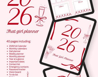2026 Printable Coquette Planner PDF | Pink Bow Aesthetic Journal | DIY Binder Inserts | Cute Student Organizer | Daily & Weekly Agenda