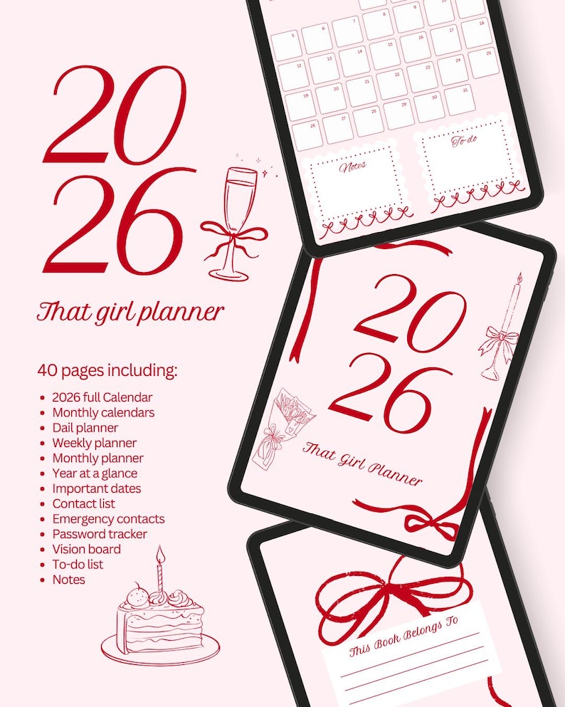 May include: A digital planner with a pink background and red accents. The planner features the year 2026, illustrations, and the text "That girl planner." Includes a calendar, to-do list, and notes sections.