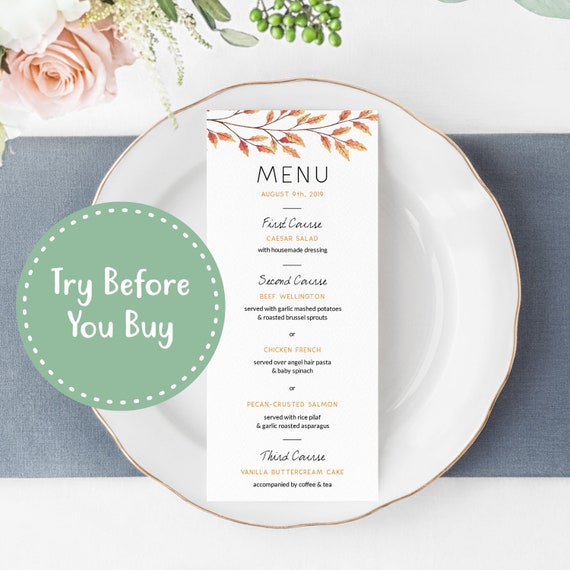 Fall Leaves Wedding Reception Dinner Menu Template Autumn Etsy