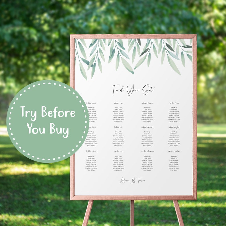 Olive Branch Leaves Seating Chart Watercolor Greenery Seating Board Sign Editable Template DIY Wedding Template DEMO AVAILABLE Printable